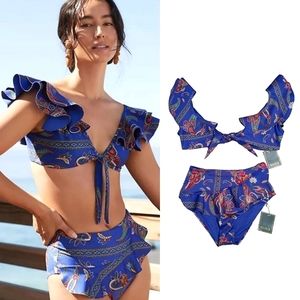 Boamar Ruffled Paisley Blue Bikini Top and Bottom Set